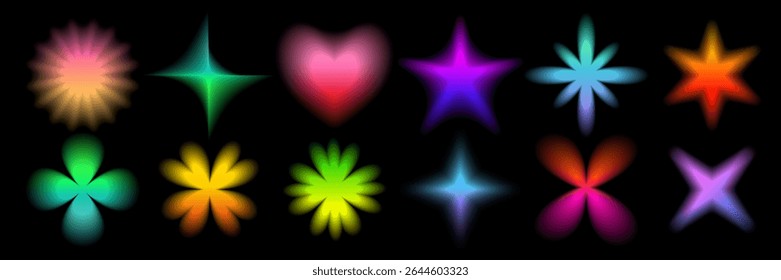Y2K gradient flowers and elements. Colorful abstract icons with soft glow and blurred edges on black. Trendy figures for design, fashion, stickers, posters, social media. Vector illustration.