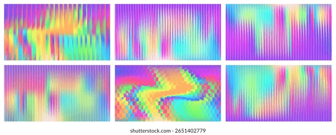 Fundo de vidro gradiente Y2K definido com padrões de cores cromáticas e efeito de vermelho. Design moderno de néon abstrato com texturas com nervuras fractais e distorção de prisma. Morfismo de vidro multicolor com iri