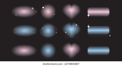 Y2k gradient heart shape aura element in vector  Abstract soft aesthetic graphic set and line   retro figure black background  Brutalism circle planet and arc mesh blend daisy collection 