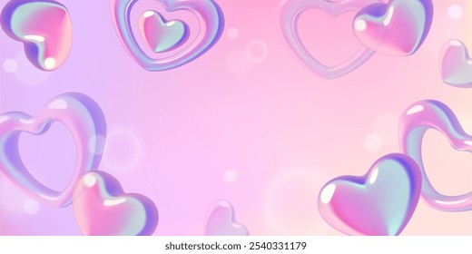 Y2k gradient hearts background with 3d holographic abstract heart shapes and bokeh effect. Cute romantic and love concept frame layout wit space for text. Vector design.