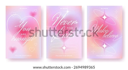 Y2k gradient poster backgrounds with typography and dreamy pastel blurs. Soft pink and purple colors in modern aesthetic style. Heart icons, sparkle elements and inspirational phrases for social media