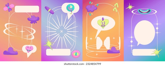 Y2k Gradient Poster set template. Retro aesthetic 90s with trippy sticker and frame. Y2k template trendy poster. Vector illustration.