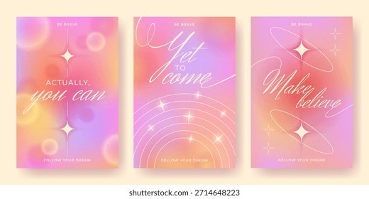 Carteles degradados Y2k con fondo estético rosa y Elementos brillantes abstractos. Frases motivacionales sobre tipografía pastel de ensueño y texturas borrosas y granuladas. Diseños inspiradores de arte de pared.