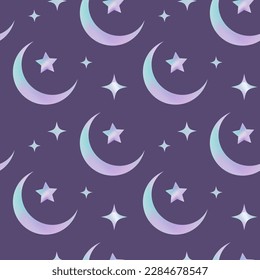 Y2k gradient seamless pattern with moon and stars. Abstract geometric shape in trendy retro style.