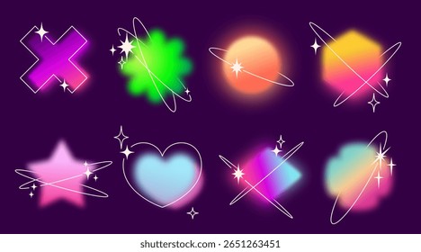 Y2k gradient shape set with glowing blur effects - rhombus and hexagon, flower and heart, cross and star. Neon colored geometric elements with sparkles for retro futuristic designs.