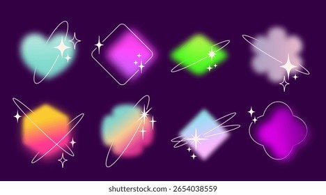 Y2k gradient shape set with glowing blur effects - diamond, rhombus and hexagon, flower and heart. Neon colored geometric elements with sparkles for retro futuristic designs.