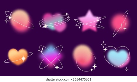 Y2k gradient shape set with orbital rings and sparkles - blurred circles, hearts and stars pastel forms. Soft glow effects with dreamy aesthetic for nostalgic digital art and retro futuristic graphic.