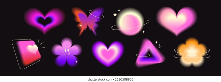 Y2k gradiente formas coleção - colorido neon corações e flores, borboletas e formas geométricas brilhando em preto. Cores rosa, roxo e laranja vívidas brilhantes. Retro 90s ciber adesivos estéticos.