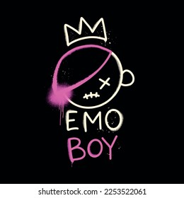 Y2k Graffiti emo Boy with splash effect and drops. Retro 00s aesthetic print for t-shirt, sweatshirt, and poster. Vector Black and pink illustration