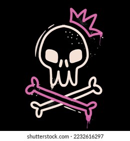 Y2k Graffiti emo skull with splash effect and drops. Retro 00s aesthetic print for t-shirt, sweatshirt, and poster. Vector Black and pink illustration