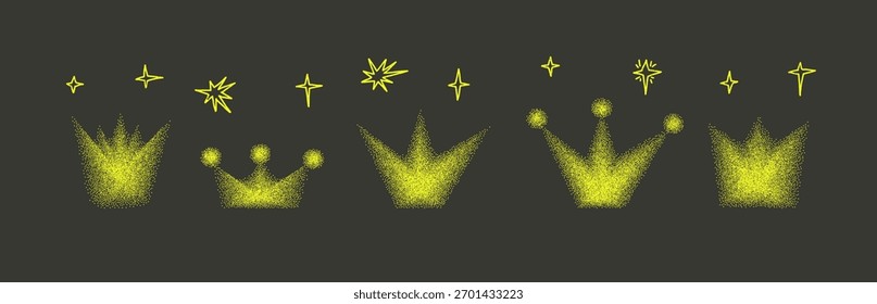 Y2K grain gradient neon crown icons. Dot gradation airbrush king symbols yellow spray illustration. Vector vintage aesthetic grainy queen crowns figures with sand dust texture on black background.