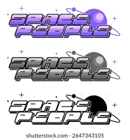 Y2K Grape Purple Colored "Space People" Bold Futuristic Typography with Flat Style Saturn, Pixel Art Banner Illustration with Grayscale Variant