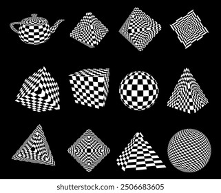 Y2K Graphic Design 3D Forms with Checkered Texture. Abstract Surreal 3D Shapes. Trendy Y2K Geometric Shapes. Brutalist Design Elements. Vector Illustration.