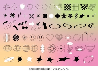 Y2K graphic design elements isolated on gradient background. Vector geometric graphic assets. Swiss style. Editable stroke.