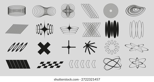 Conjunto de Elementos gráficos Y2K con Formas futuristas, símbolos, líneas, cruces, círculos y formas de ilusión óptica en blanco y negro. Ilustración vectorial moderna.