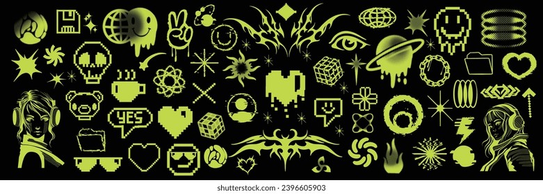 Y2k graphic icon retro set, space futuristic logo kit, brutalist acid groovy shapes collection. Planet symbol modern 2000s cyber heart decoration clipart 90s stars techno symbol. Y2k pixel tattoo icon