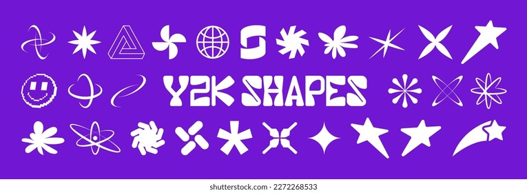 Y2K graphic set. Modern shapes form 00s, 90s, 80s for posters, flyers, banners, web design, cards. Y2k retrofuturistic vaporwave and synthwave, universal geometric shapes. Vector retro elements set