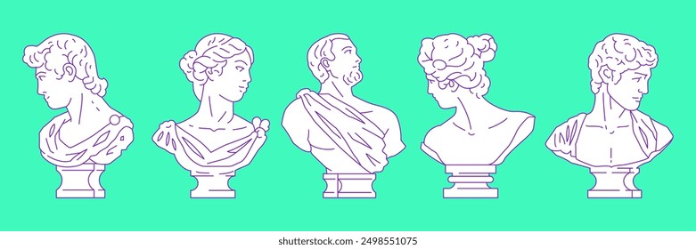 Y2k Greek busts sculptures in surreal head poses contemporary pop art vector illustrations set. Antique historical god goddess monuments elements for sticker, print and t-shirt design