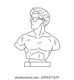 Y2k Greek man bust statue in sunglasses fashion contemporary pop art outline icon vector illustration. Antique Roman god gypsum monument vogue style psychedelic artwork monochrome t shirt print