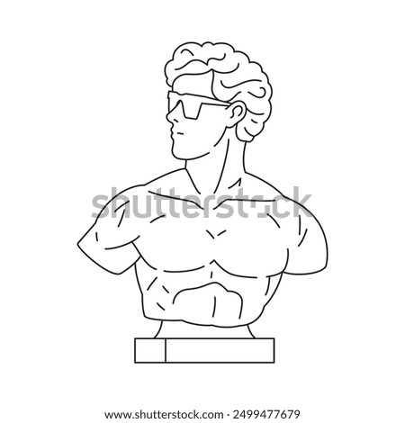 Y2k Greek man bust statue in sunglasses fashion contemporary pop art outline icon vector illustration. Antique Roman god gypsum monument vogue style psychedelic artwork monochrome t shirt print