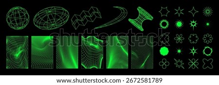 Y2k grid background elements with neon green wireframe shapes and geometric patterns for retro futuristic design. Digital mesh textures with 3d objects and stars. Cyberpunk aesthetic icons for web.