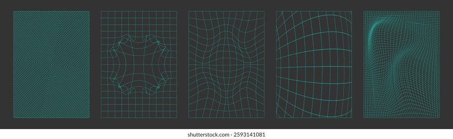 Y2k grid backgrounds collection with geometric distortion effects - neon green lines on dark surfaces with optical illusion patterns. Retro futuristic digital designs for web pages, posters or banners