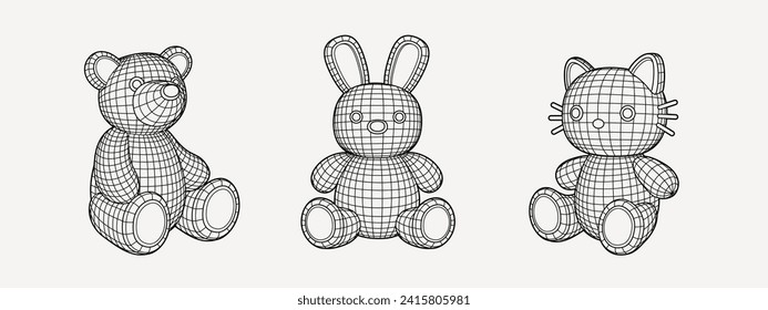 Y2k grid wireframe bear bunny cat toy. Geometry cyberpunk 3D shapes in black and white colors in trendy psychedelic rave style. 2000s Y2k retro futuristic aesthetic.