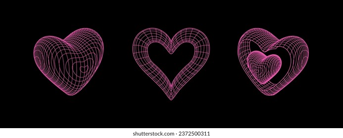 Corazones de alambre de la rejilla del año 2000. Geometría ciberpunk 3D formas en color neón rosado en estilo de rave psicodélico moderno. Estética retro futurista de 2000. Feliz Día de San Valentín.