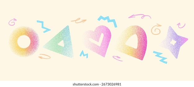 Círculo Y2k arenoso, triângulo e pisca com buraco. Crianças suaves vetam figuras arenosas. Conjunto de formas geométricas de gradiente de ruído. Formas grunge pastel ásperas definidas com design de meio-tom embaçado.