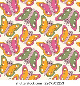 Y2k groovy 70s cute spring butterfly character seamless pattern