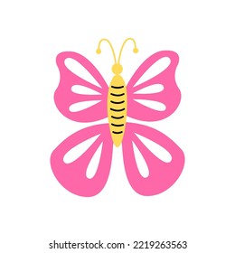 Y2k groovy element. Pink butterfly isolated on white background. 2000 vibes collection. 2000s cartoon hand drawn vector illustration.