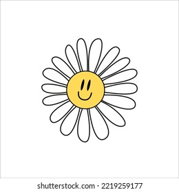 Y2k groovy element. Trippy daisy isolated on white background. 2000 vibes collection. 2000s cartoon hand drawn vector illustration.