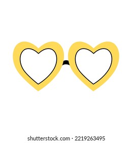 Y2k groovy element. Yellow glasses hearts isolated on white background. 2000 vibes collection. 2000s cartoon hand drawn vector illustration.