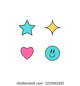 Y2k groovy elements. Smile, stars, heart isolated on white background. 2000 vibes collection. 2000s cartoon hand drawn vector illustration.