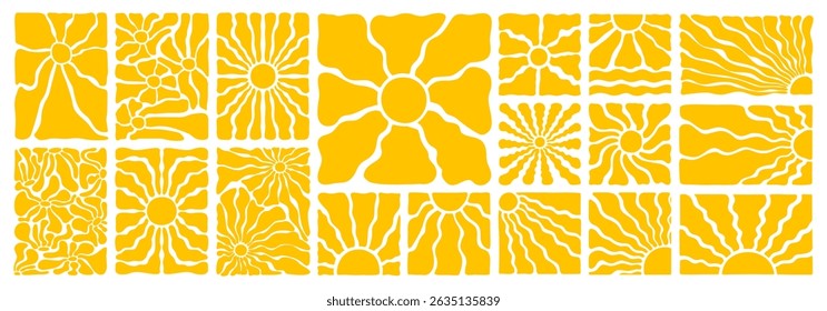 Y2k groovy hippie sun, flower or floral pattern background in retro 60s or 70s boho style. Contemporary summer sunburst, sunshine and organic doodle shape for botanical logo or social media banner art