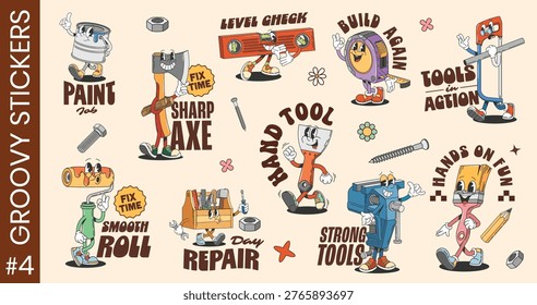 Y2k groovy repair and construction tools funky stickers and labels. Cartoon vector retro characters. Paint roller, axe, hammer and saw. Screwdriver, toolbox, level and measure tape and clamp or brush