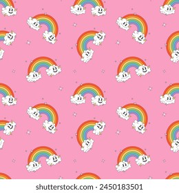 Y2k groovy seamless pattern with cute cartoon characters. Lgbt colors rainbow and clouds in retro style for Pride Month on pink background.