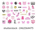 Y2k groovy set, 90s and 2000s style. Pink girly icons. Vector