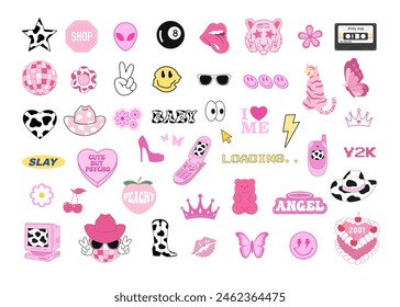 Y2k groovy set, 90s and 2000s style. Pink girly icons. Vector