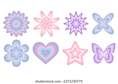 Y2k groovy shapes. Heart flower and stars with striped pattern for banners and social media. Butterfly silhouette with lines of aura. Vector aesthethic design.