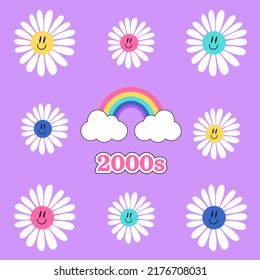 Y2k Groovy Template. Trippy-Smiley-Gänseblümchen und bunter Regenbogen auf violettem Hintergrund. Die 2000er Jahre spiegeln Elemente wider. Cartoon-Aufkleber, Poster, Postkarte. Psychedelische, handgezeichnete Vektorgrafik.