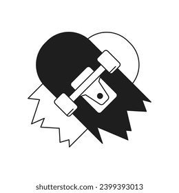 Y2k half broken skateboard street sport summer lifestyle monochrome line retro groovy icon vector illustration. Cracked board with wheels outdoor leisure transportation minimal trendy sticker