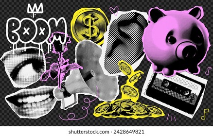 Y2K-Halbton-Collage-Elemente für gemischte Mediengestaltung. Sparschwein, Lautsprecher, goldene Münzen, Kassette, Ohr-, Mund- und Augenformen in punktierter Textur Pop-Stil. Vector grunge verrückte Illustration