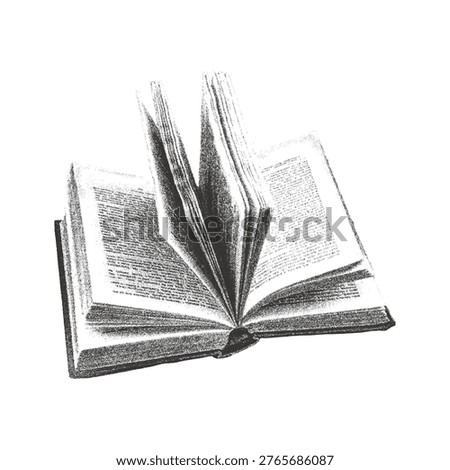 Y2K Halftone collage Open book mimicking print grain spray photocopy texture. Retro stippling noise 2000s punk grunge tattoo effect poster vintage. Vector risograph Isolated on transparent background