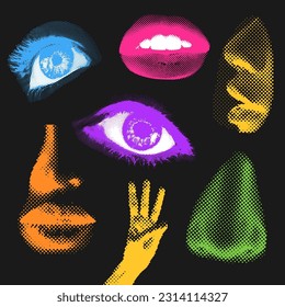 y2k halftone colorful art collage with lips, noses and eyes in abstract shapes. Pop modern poster decor with trendy elements. Vector illustration in old newspaper texture style.