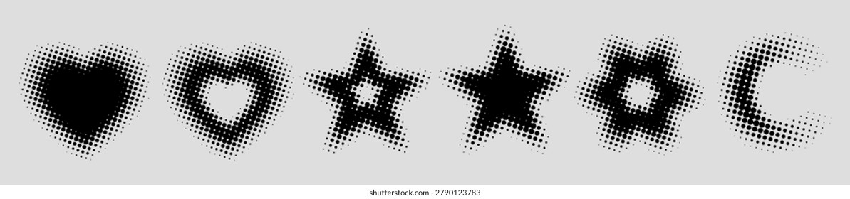 Y2K halftone elements with black hearts, outlined heart, stars, flower shape, crescent moon, dotted fading edges, blurred grain texture, and monochrome symbols on a light gray background for stickers.