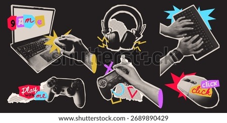 Y2k halftone gaming retro collage with laptop and headphones, controller and hands for nostalgic design. Vintage aesthetic elements with colorful stickers, lightning bolts and playful typography.