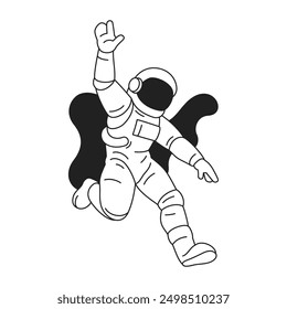 Y2k happy astronaut in spacesuit greeting contemporary pop art outline icon vector flat illustration. Cosmonaut at open space universe travel galaxy exploration science fiction cyber technology