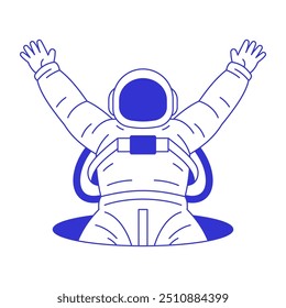 Y2k feliz astronauta bem-vindo saltando do buraco contemporâneo pop art linha ícone vetor ilustração plana. Cosmonauta cômico em traje espacial saudação funky psicodélico azul esboço t camisa imprimir