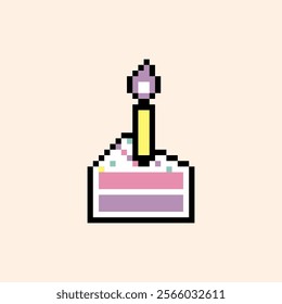 Y2k Happy Birthday cake emoji. Pixel art. Birthday cake with candle icon. Game abstract sticker for poster, collage, party and birthday card. Editable pixel vector illustration. Game abstract element